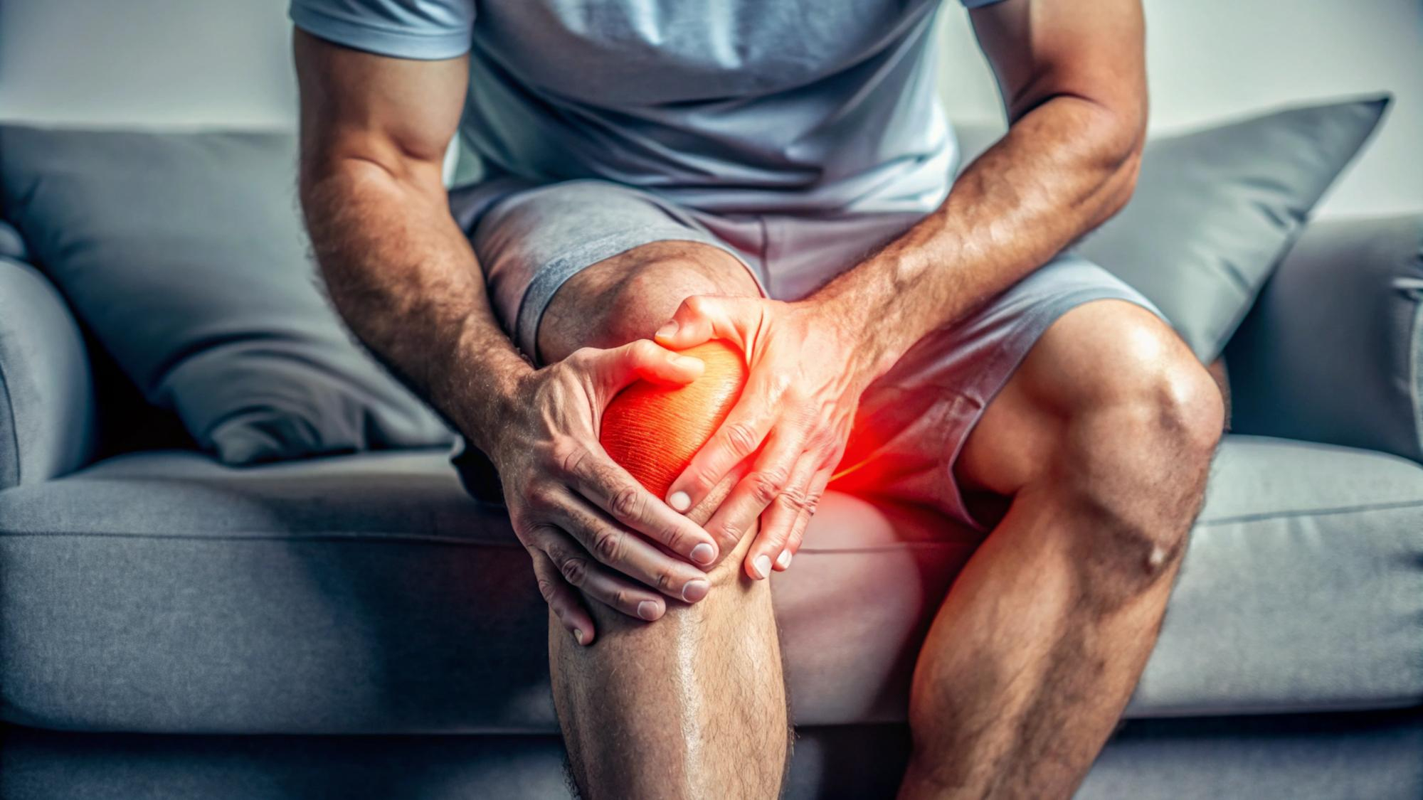 Kanepede otururken diz ağrısı yaşayan bir erkek, elleriyle dizini tutuyor — kronik eklem ağrısı ve inflamasyon