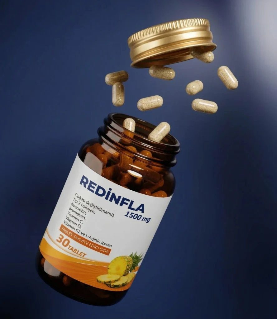 REDİNFLA 1500mg şişesinden dökülen kapsüller — Tip 2 Kolajen, Bromelain ve Kuersetin içeren eklem sağlığı takviyesi